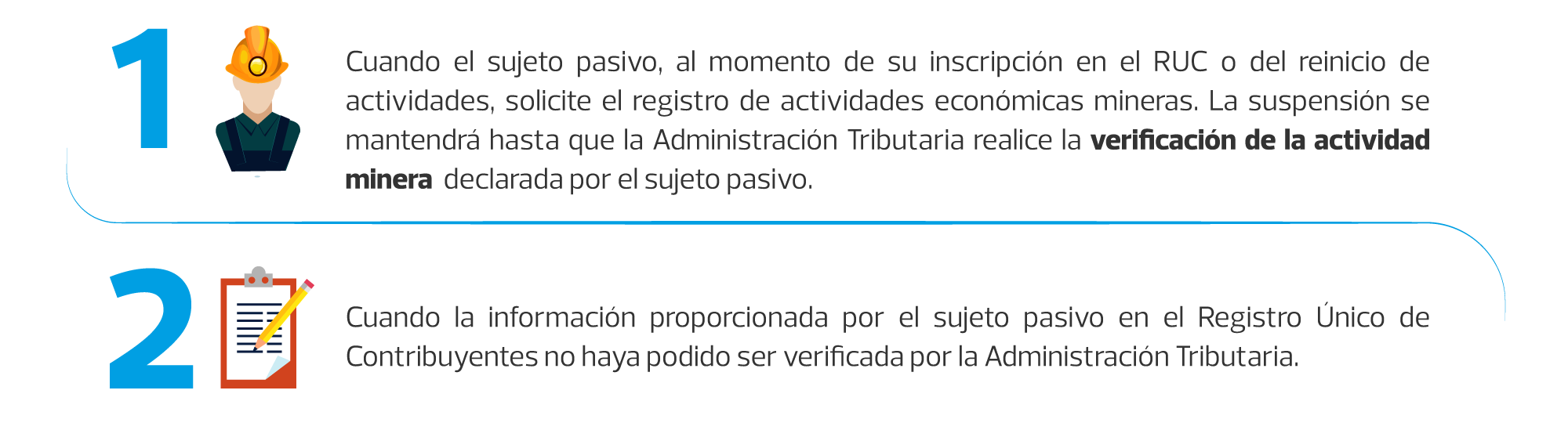 1. Cuando el sujeto pasivo, al momento de su inscripción en el RUC o del reinicio de actividades, solicite el registro de actividades económicas mineras. La suspensión se mantendrá hasta que la Administración Tributaria realice la verificación de la actividad minera declarada por el sujeto pasivo.
2. Cuando la información proporcionada por el sujeto pasivo en el Registro Único de Contribuyentes no haya podido ser verificada por la Administración Tributaria.
