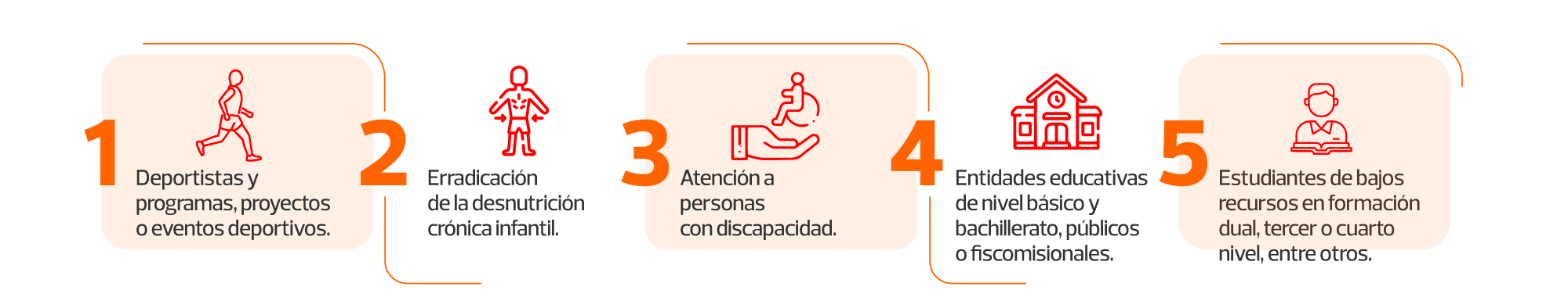 1 Deportistas y programas, proyectos o eventos deportivos.
2 Erradicación de la desnutrición crónica infantil.
3 Atención a personas con discapacidad.
4 Entidades educativas de nivel básico y bachillerato, públicos o fiscomisionales.
5 Estudiantes de bajos recursos en formación dual, tercer o cuarto nivel, entre otros.